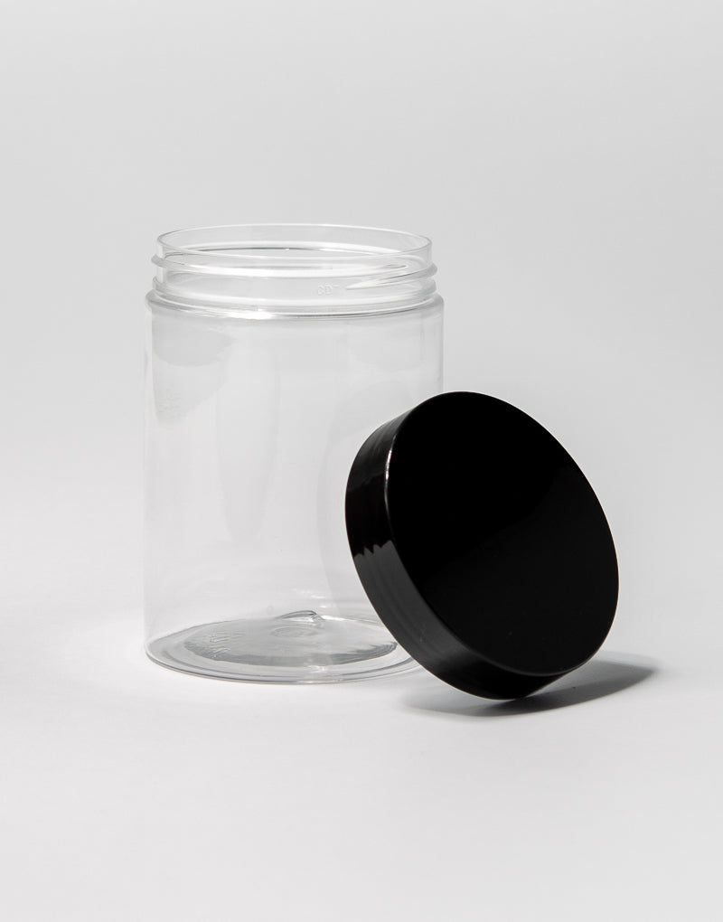 Tarro de plástico PET | Color Transparente | Tapa Negra | Capacidad: 300ml REF 1007
